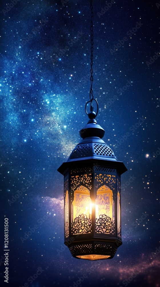 Hanging Lantern Illuminating Starry Night Sky with Cosmic Background and Intricate Design