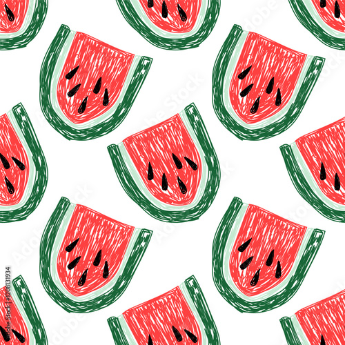 Watermelon fruit seamless pattern. Food sketch illustration. Natural background photo