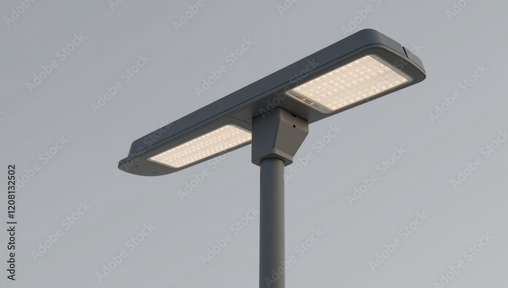 Design a solar-powered streetlight featuring integrated solar panels on its top surface Design a solar-powered streetlight featuring integrated solar panels on its top surface