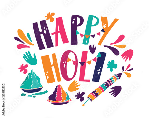 Happy Holi. Cute hand drawn doodle lettering quote. Lettering for t-shirt design, mug print, bag print, clothes fashion. 100% hand drawn vector image.