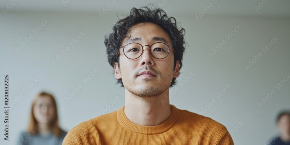 Obraz premium Modern Professional Portrait Young Asian Male in Casual Knitwear - Contemporary Office Branding and Social Media Engagement