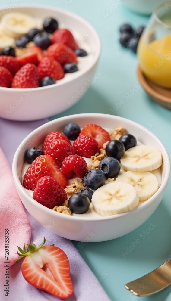 Close-up image showcasing vibrant vegan breakfast with berries yogurt chia seeds granola bananas on a pastel table setting Vegan Breakfast Vibrant Colors Nutritious Close-up image showcasing vibrant vegan breakfast with berries yogurt chia seeds granola bananas on a pastel table setting Vegan Breakfast Vibrant Colors Nutritious