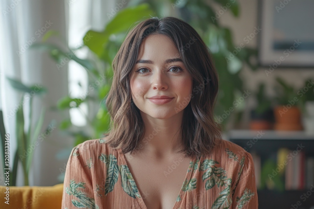 portrait of lifestyle vlogger streaming live q&a session cozy home setting plants and books in background authentic portrait of lifestyle vlogger streaming live q&a session cozy home setting plants and books in background authentic