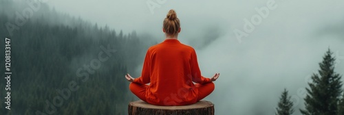 Mindfulness Escape Woman Meditating on Tree Stump in Misty Forest Wellness Experience and Product Promotion with Natural Aesthetics for Relaxation and Eco-Friendly Retreats photo