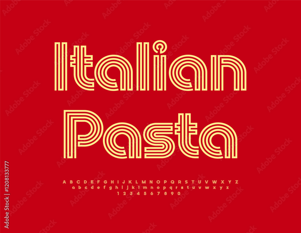 Fototapeta premium Vector Advertising Italian Pasta. Exclusive Bright Font. Cool Artistic Alphabet Letters and Numbers.