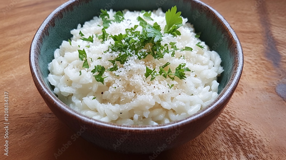A simple bowl of risotto with a sprinkle of Parmesan and fresh parsley A simple bowl of risotto with a sprinkle of Parmesan and fresh parsley