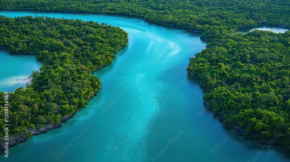 Aerial view Tropical river meanders through lush green islands, turquoise water