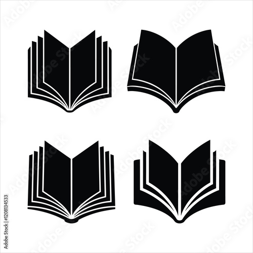 Open books, silhouettes, Black and white illustration, simple geometric shapes, repetitive pattern, minimalist design, flat graphic style, educational concept, literary symbols