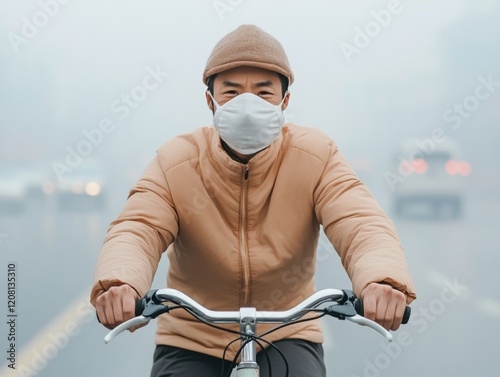 Smog City Cycling Asian Man with Pollution Mask Navigates Foggy Urban Streets - Air Quality Solutions for Sustainable Commuting and Environmental Health Awareness photo