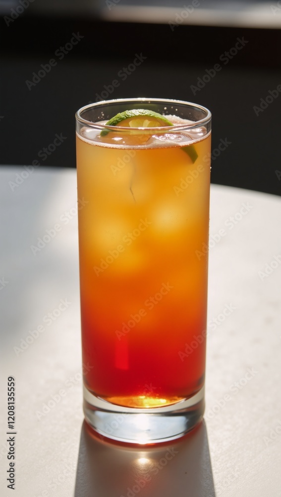 A Tequila Sunrise with Lemon Slice showcases vibrant colors and intricate shadow play under bright sunlight A Tequila Sunrise with Lemon Slice showcases vibrant colors and intricate shadow play under bright sunlight