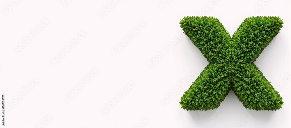 Hyper-realistic green topiary letter X against white backdrop for eco-friendly nature design Hyper-realistic green topiary letter X against white backdrop for eco-friendly nature design