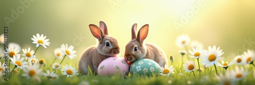 Two adorable bunnies among daisies, playfully interacting with pastel Easter eggs. Perfect for Easter-themed projects, promotions, and seasonal marketing. photo