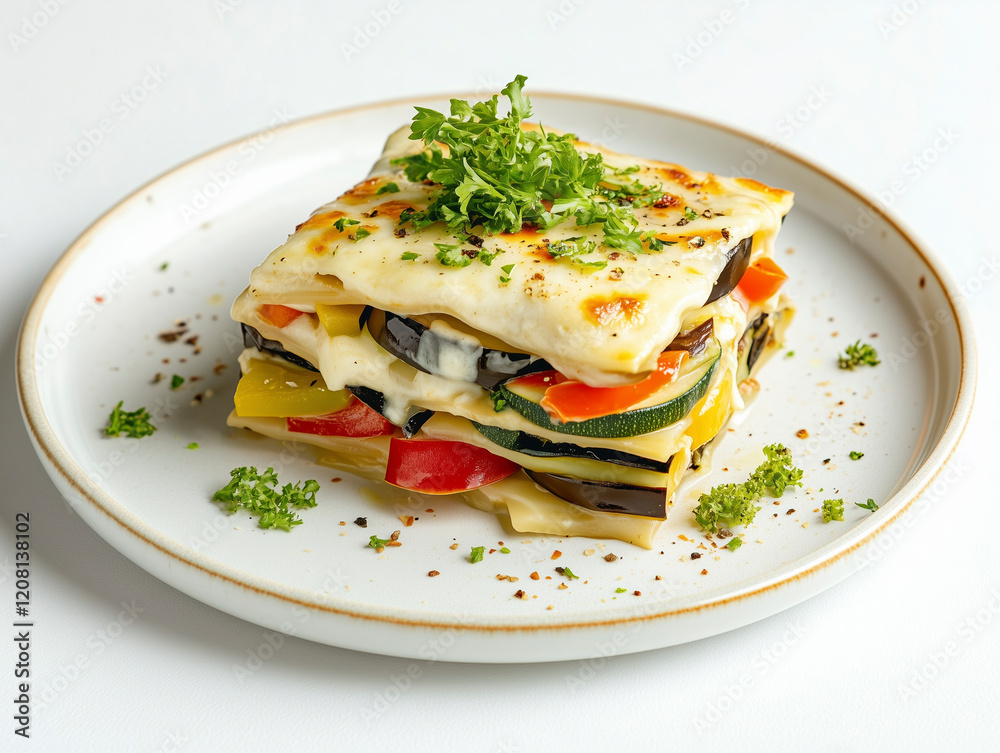 Artistic close-up of vegetarian lasagna with vibrant veggie layers and creamy bechamel, perfect for food ads. Artistic close-up of vegetarian lasagna with vibrant veggie layers and creamy bechamel, perfect for food ads.
