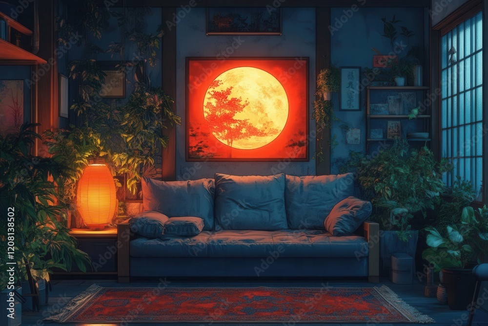 Fototapeta premium chill lofi room illustration with soft lighting featuring cozy furniture and animeinspired elements in a serene atmosphere ideal for relaxation and creativity