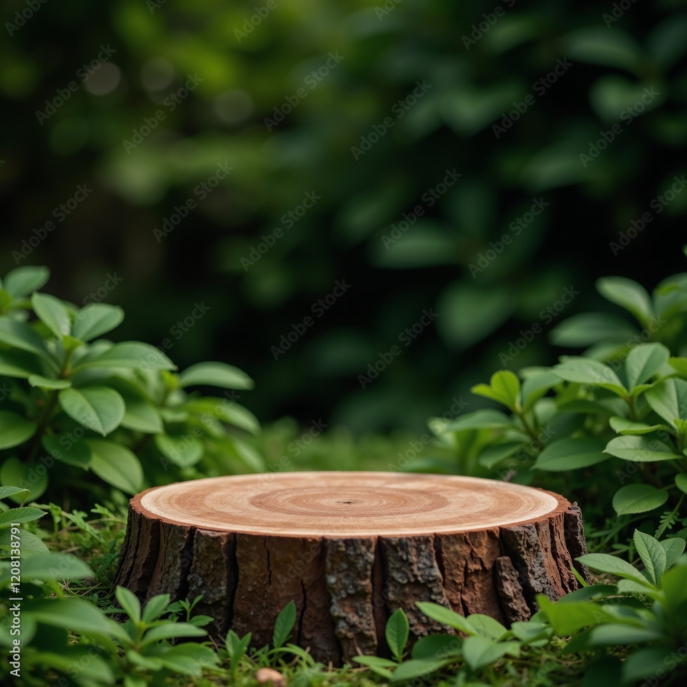 Lush green foliage surrounds an empty tree stump serving as a sustainable product showcase backdrop Lush green foliage surrounds an empty tree stump serving as a sustainable product showcase backdrop