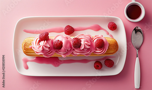 Elegant dessert eclair with pink frosting and raspberries on white plate, pink background photo