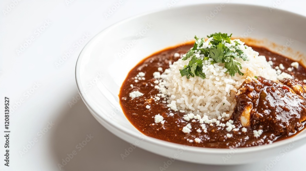 Bowl of rich mole sauce served with rice and chicken on a white background