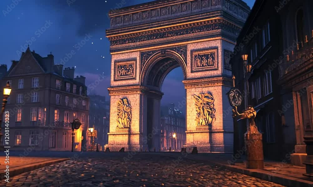 Paris A street scene with a large archway in the middle. The archway is lit up at night, creating a warm and inviting atmosphere. The street is lined with buildings