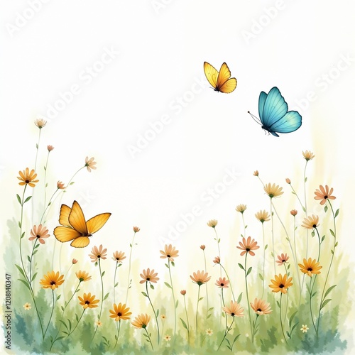 Watercolor painting of yellow and blue butterflies over a wildflower meadow, pastel tones, whimsical and airy mood