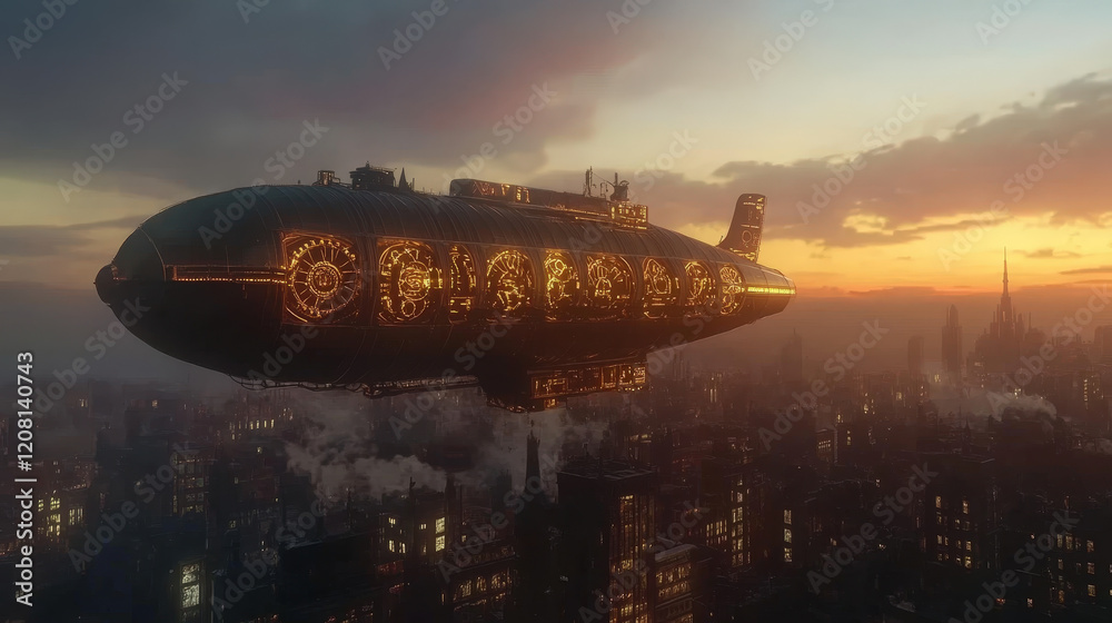 Naklejka premium Ein riesiger Steampunk Zeppelin fliegt über eine futuristische Skyline, seine Oberfläche mit Zahnrädern und Rohren verziert, während er im Dämmerlicht leuchtet