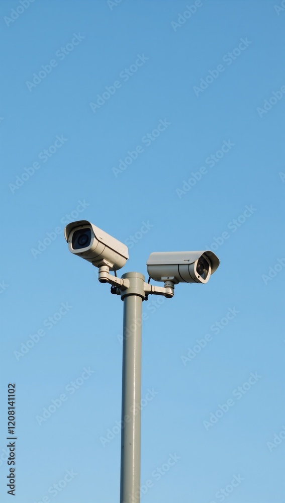 Two camera poles stand watch over a peaceful blue sky offering heightened surveillance and safety in a bustling public area Two camera poles stand watch over a peaceful blue sky offering heightened surveillance and safety in a bustling public area