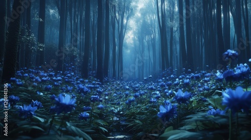 Enchanted forest with glow blue flowers in mystical woodland at twilight
