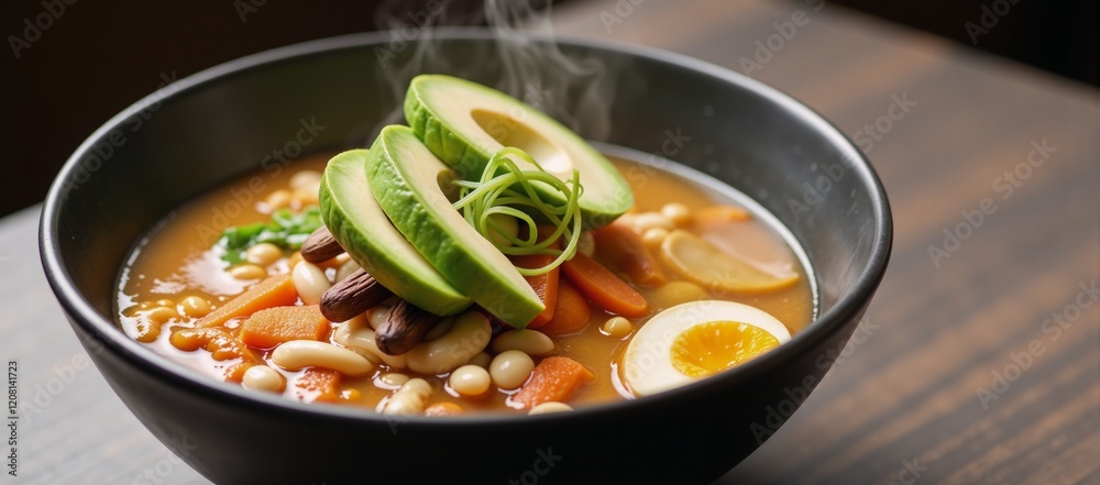 Fusion of fresh vegan ramen avocado featuring artistic presentation Japanese style Fusion of fresh vegan ramen avocado featuring artistic presentation Japanese style