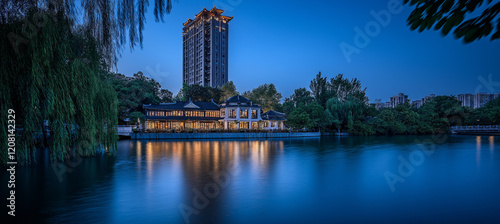 The lake in the park is located next to an ancient building, with high-rise buildings visible on both sides of it. photo