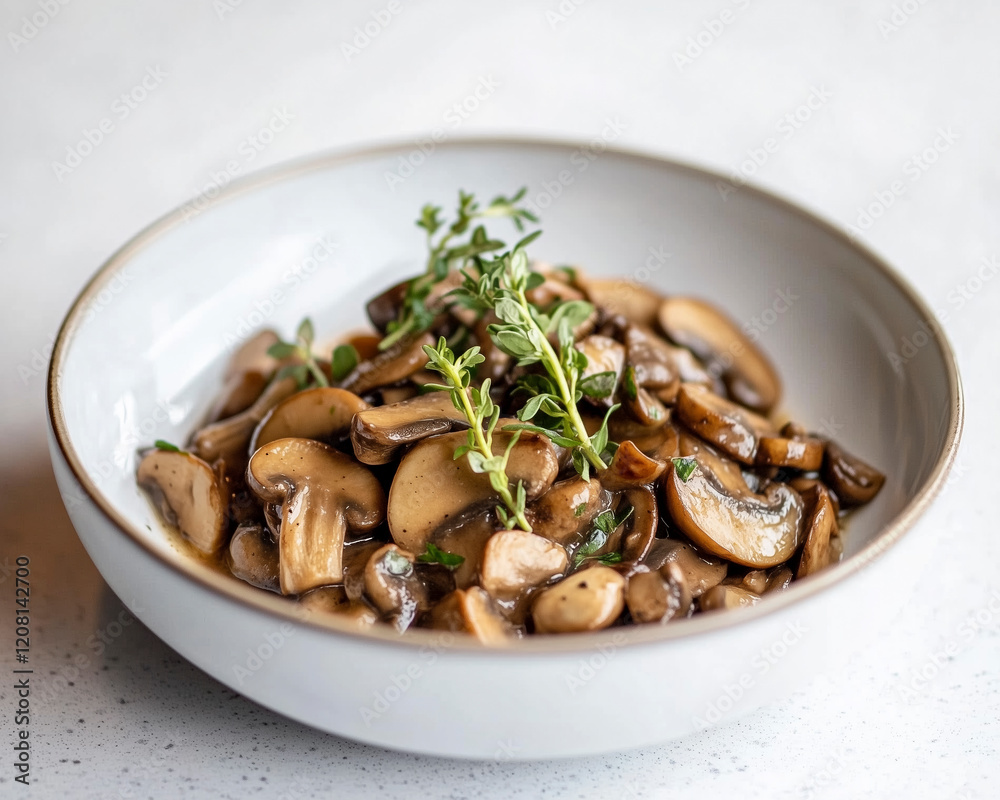 Modern and clean minimalist presentation of mushroom ragout in white bowl with herb garnish. Modern and clean minimalist presentation of mushroom ragout in white bowl with herb garnish.
