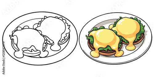 Eggs Benedict Line Art Vector Illustration Black and White with Coloring Sample. Bold and Easy Food, Fruits, Sweets, Drinks, Dessert, and Snacks Coloring Pages for Adults and Kids