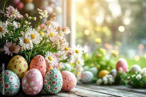 vibrant scene capturing essence of easter preparations with colorful eggs and floral arrangements abundant in cozy photo