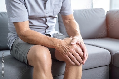 Man Suffering from Knee Pain while Sitting on Sofa due to Osteoarthritis or Physical Injury, conveying Grief and Discomfort