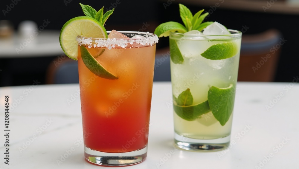 Two refreshing cocktails - Margaritas and Mojitos - displayed atop a restaurants table Two refreshing cocktails - Margaritas and Mojitos - displayed atop a restaurants table