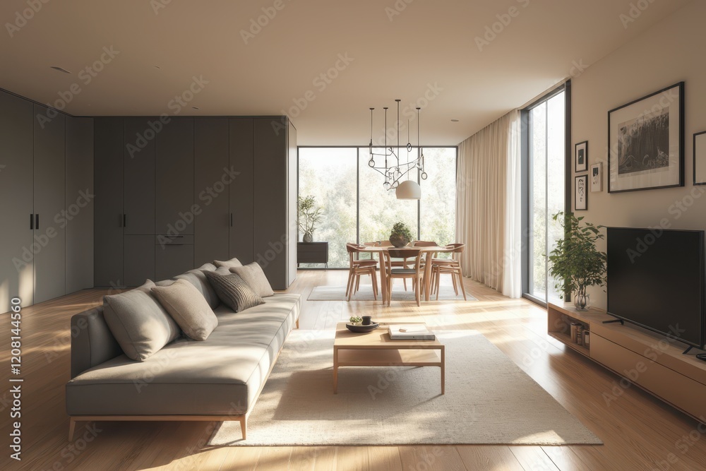 Fototapeta premium a modern living room with wooden floors and large windows
