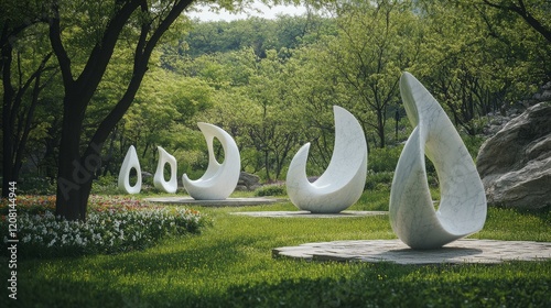 Park with carefully placed white stone sculptures scattered across lush landscape. sculptures feature abstract forms and classical figures, blending harmoniously with natural surroundings of trees photo