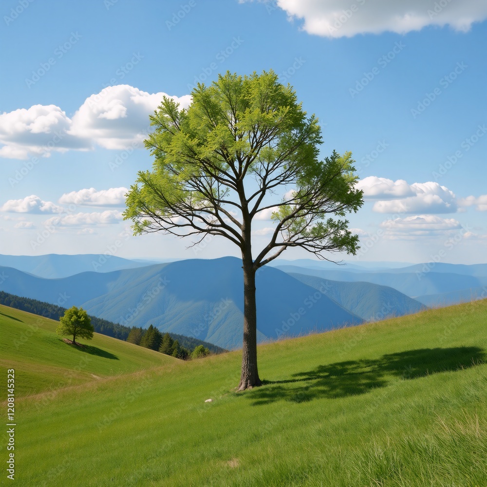 Grassy hill with solitary tree standing tall Grassy hill with solitary tree standing tall