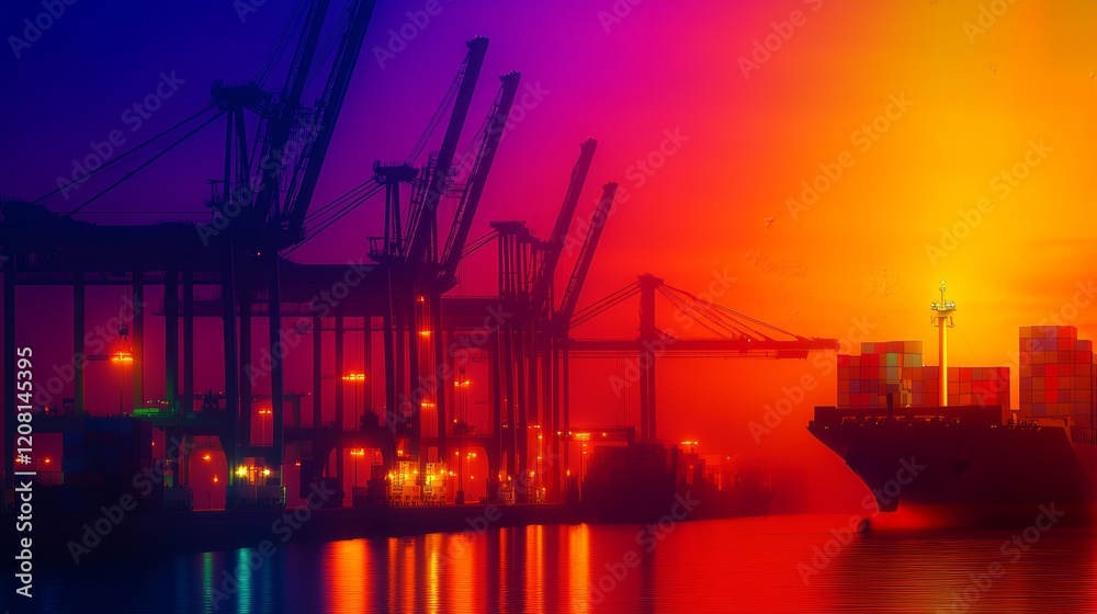Obraz premium A vibrant sunset over a port with cranes and a cargo ship, showcasing industrial activity.