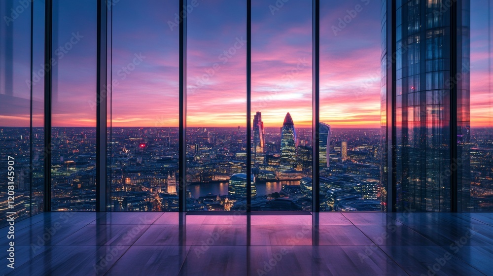 Fototapeta premium window with a view of a beautiful city on a sunset