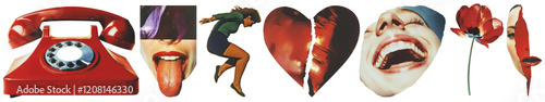 PNG Retro collage vibrant emotions, element set on transparent background