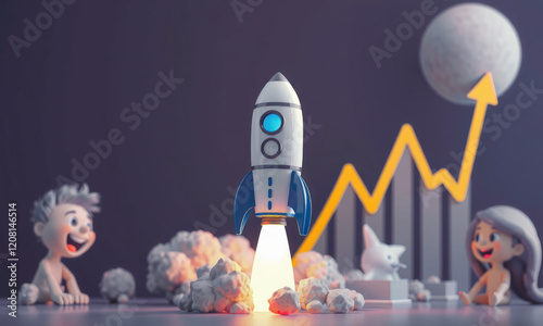 playful rocket launch scene with children, cat, and growth chart symbolizes excitement and progress. vibrant colors and whimsical elements create joyful atmosphere