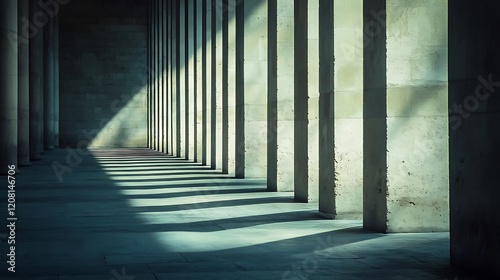 Sunlight through the columns of an old building in Lisbon, Portugal