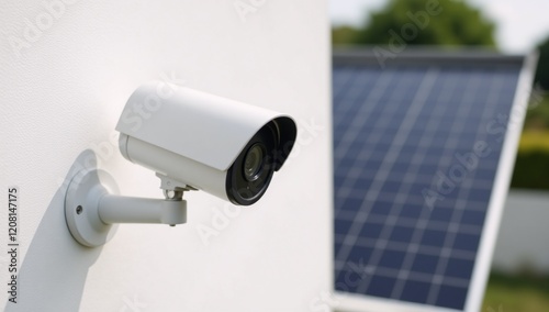 Security camera with solar panel mounted on a white wall photo