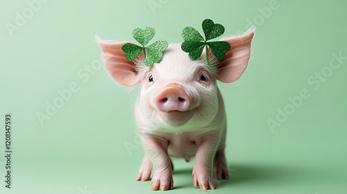 Wallpaper Mural A smiling piglet with shamrock decorations on its ears, sitting on a simple light green surface Torontodigital.ca
