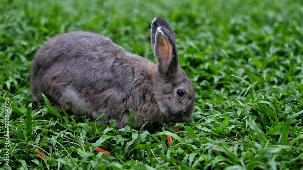 Gray rabbit eating carrot in green grass Gray rabbit eating carrot in green grass