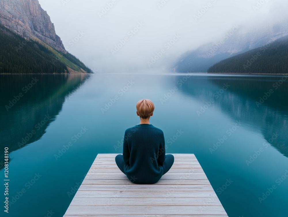 Fototapeta premium Serene Mindfulness Retreat Minimalist Wooden Dock on Tranquil Lake - Eco Wellness Content and Luxury Lifestyle Branding for Modern Meditation Practices