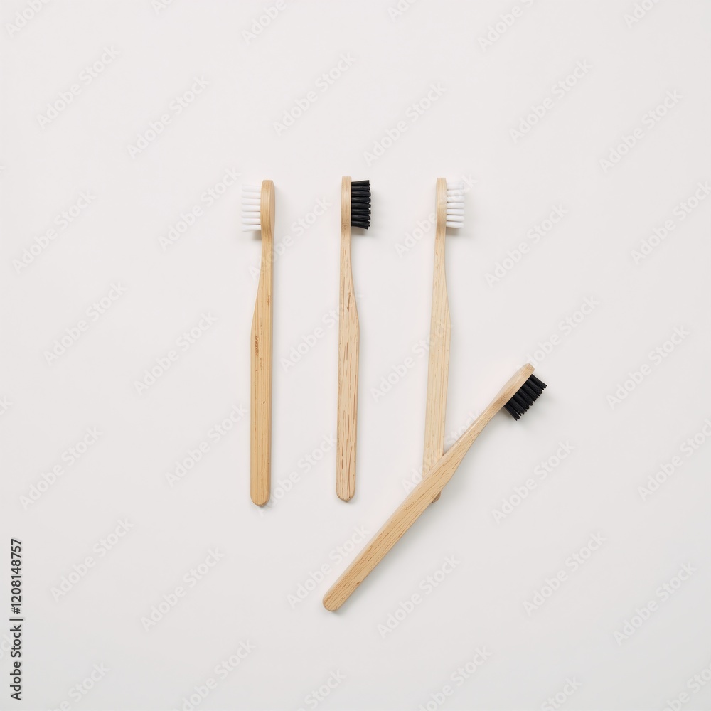 Three bamboo toothbrushes displayed against a clean white backdrop with ample room for product details and branding Three bamboo toothbrushes displayed against a clean white backdrop with ample room for product details and branding