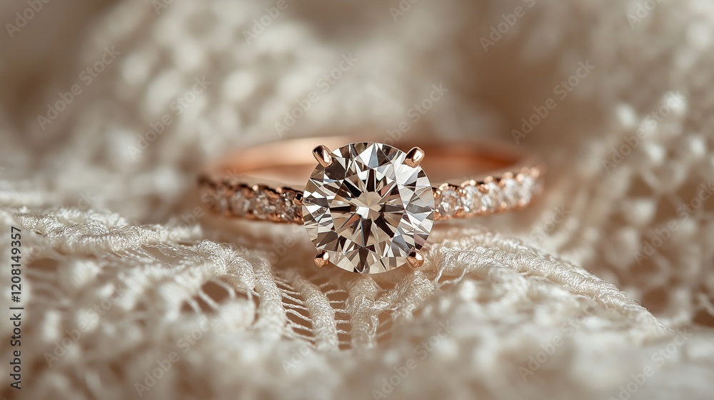 an elegant diamond engagement ring resting on a delicate white lace fabric an elegant diamond engagement ring resting on a delicate white lace fabric