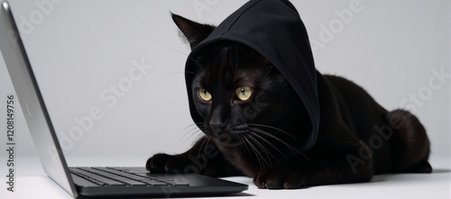 A hooded black cat is typing at a computer keyboard