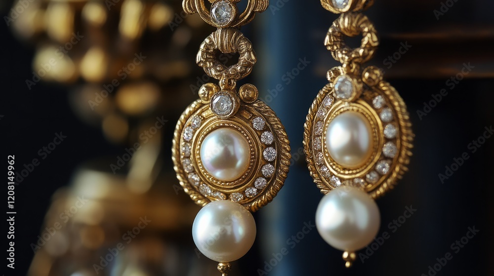 Baroque style dangle earrings with ornate gold details, with center pearls and diamond details generative ai Baroque style dangle earrings with ornate gold details, with center pearls and diamond details generative ai