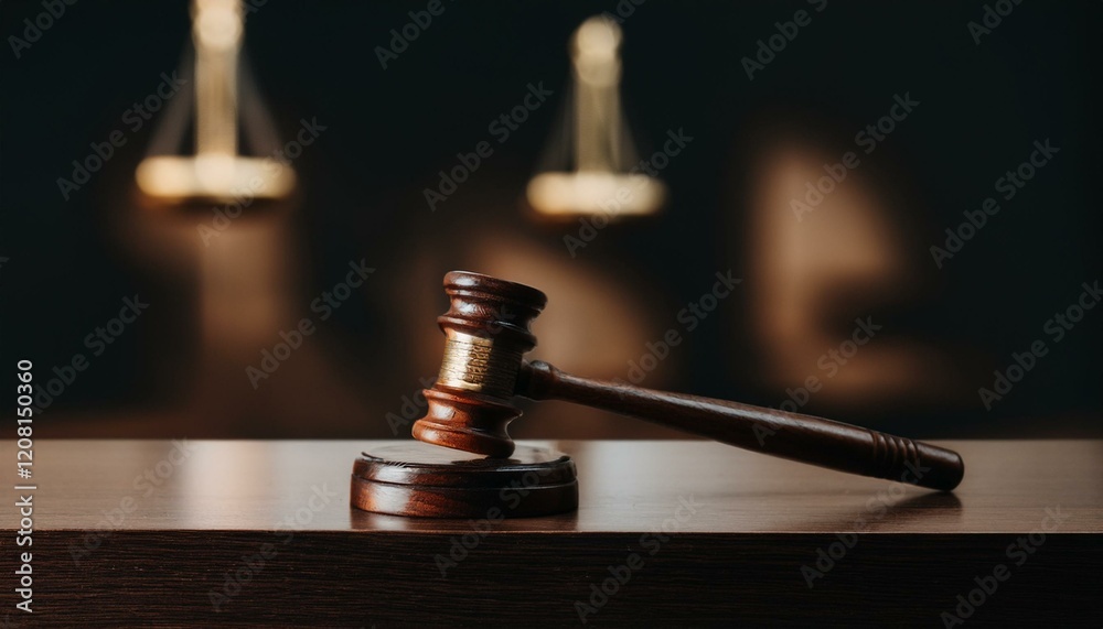 법정 안의 나무 법봉, 짙은 색 나무로 만들어진 법봉과 조각된 법정 심벌이 함께 놓인 테이블 위의 정경